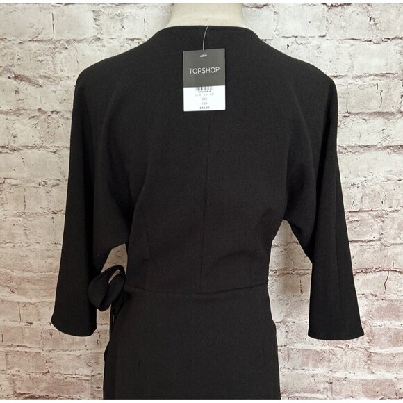 TOPSHOP Wrap Dress US 4 Black LBD Knee Length Pockets Crepe Stretch NEW - Picture 4 of 6